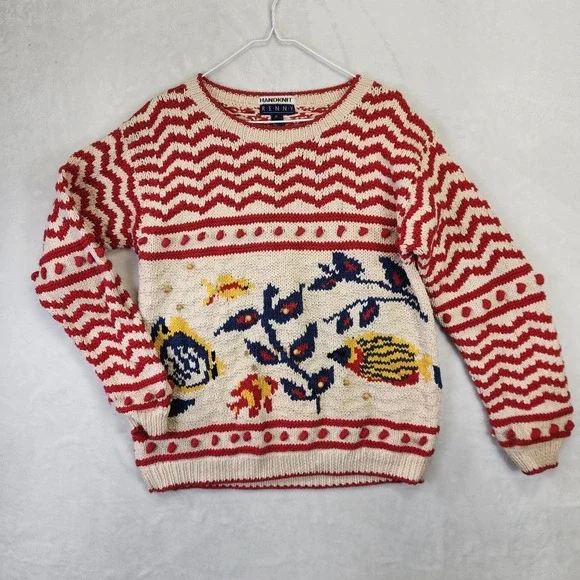 Vintage Renny Handknit Sweater Womens Small Nautical Fish Popcorn Knit 80s - Picture 1 of 7